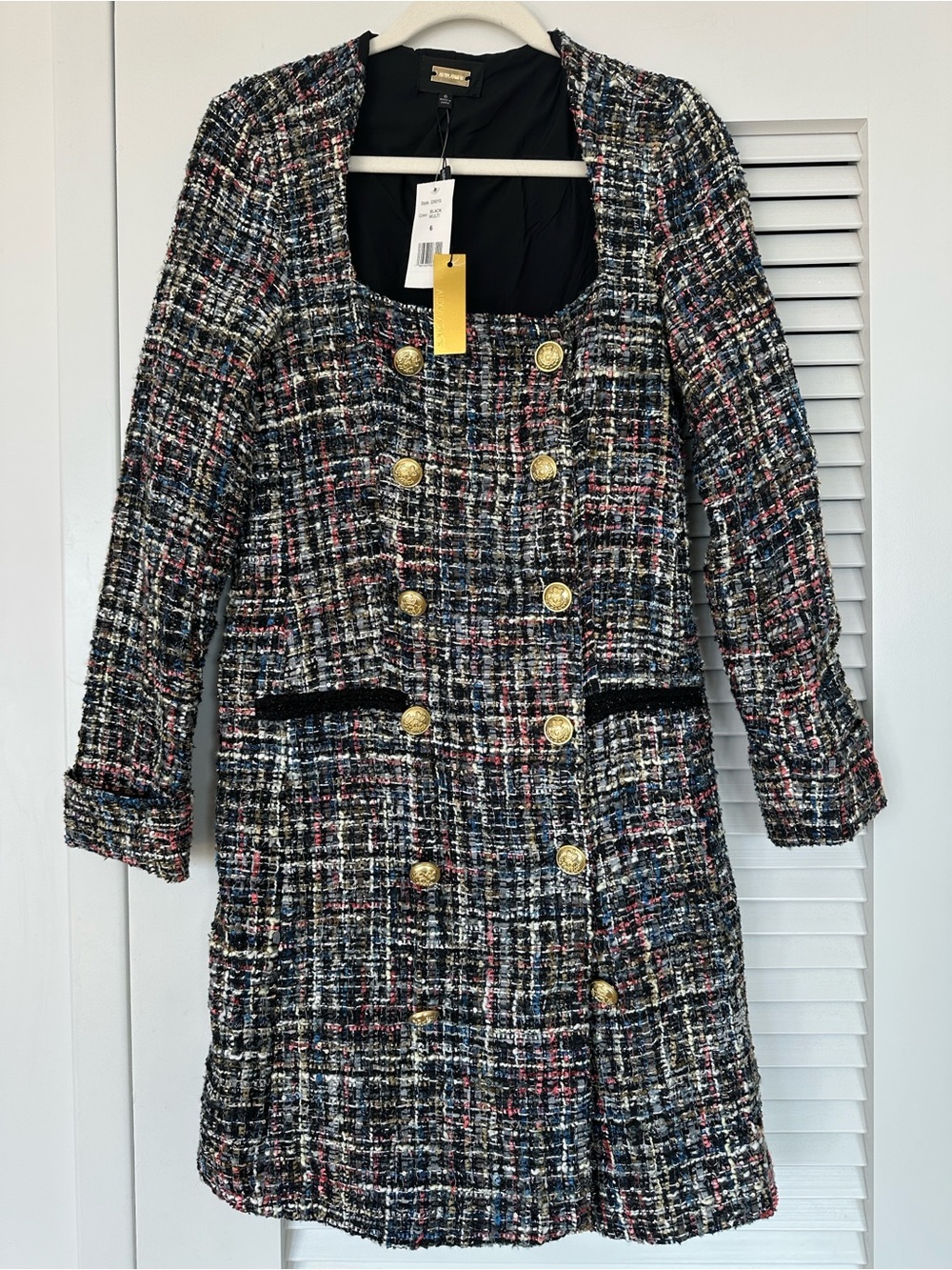 Alexia Admor NWT Tweed Gold Button Dress Size 6 Black Multi